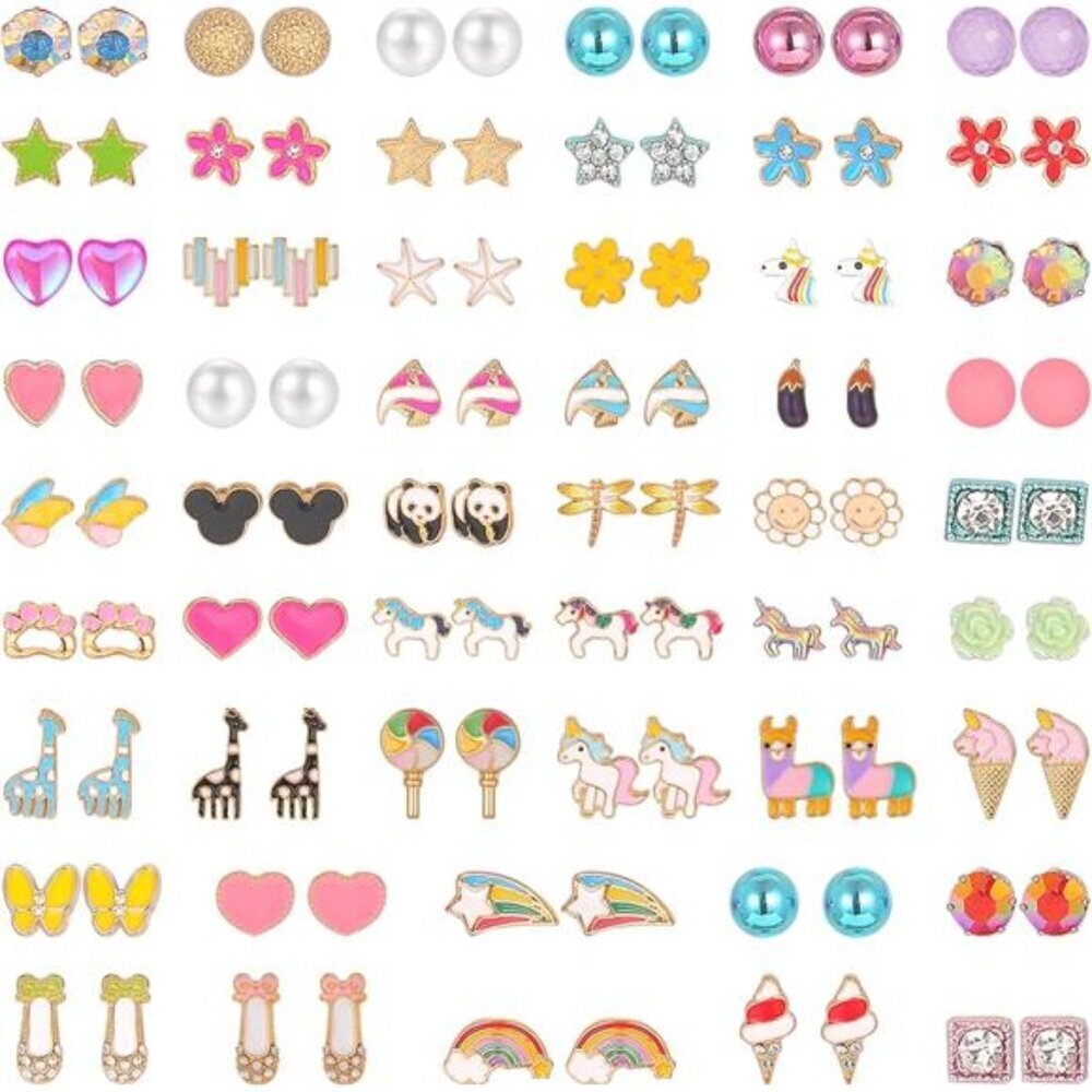 52 Pairs Girls Playful Stud Earrings Set – Colorful Hypoallergenic Kids Jewelry